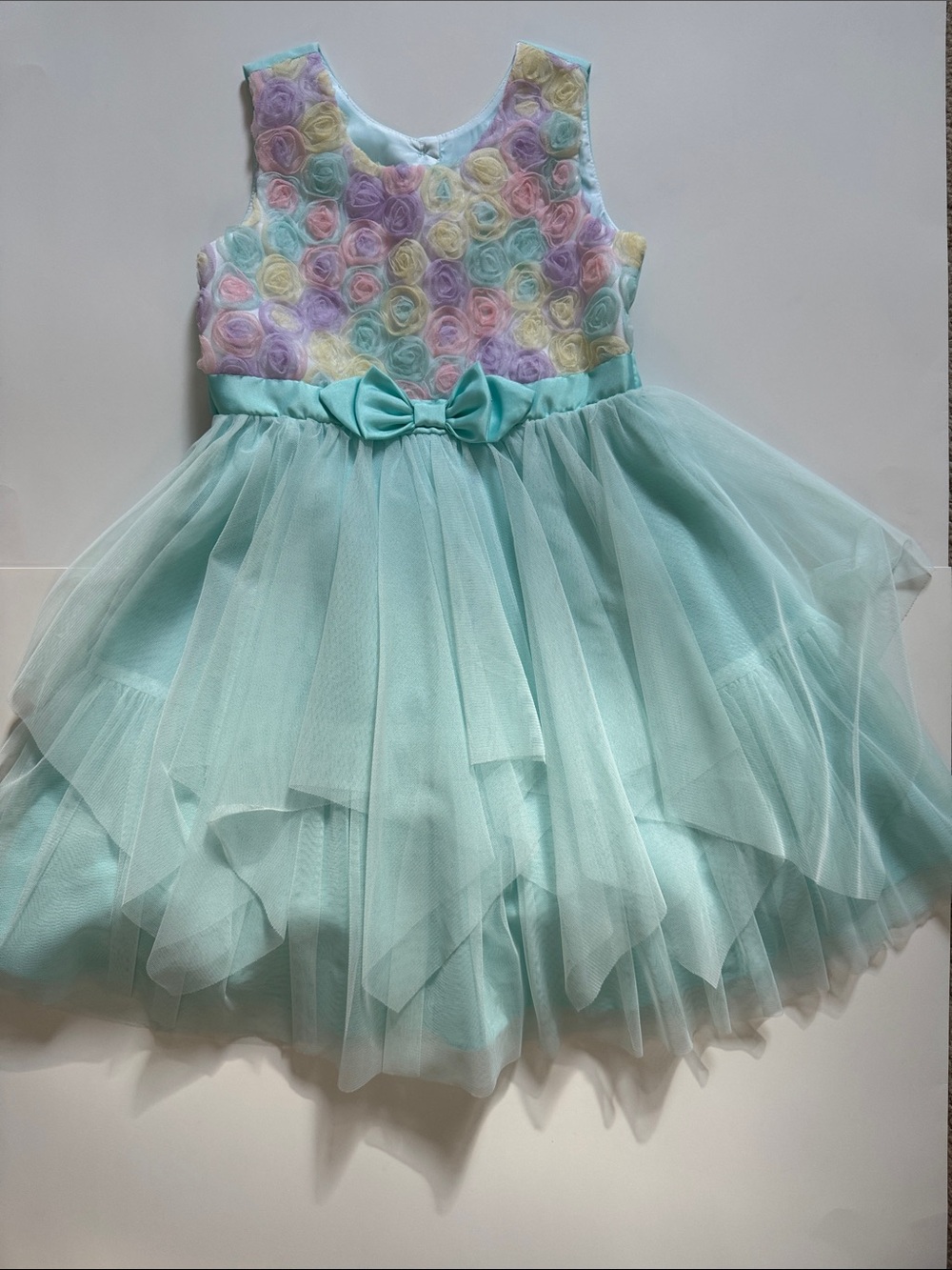 Jona Michelle Pastel Aqua Tulle Dress with Multicolor Rosette Bodice